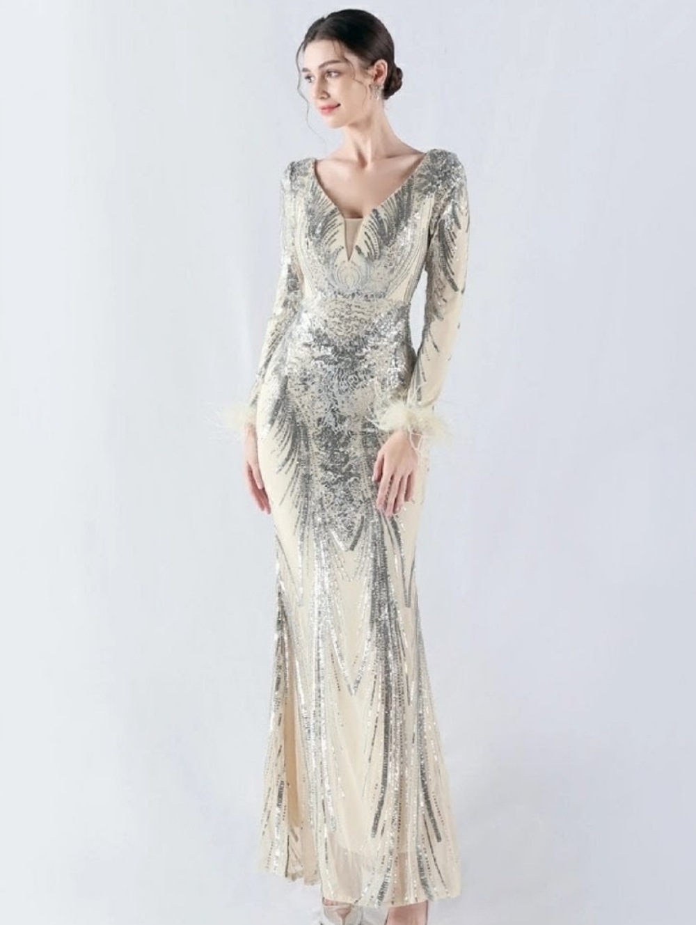 Sequin Silver & Cream Long-Sleeve Evening Gown With Ostrich Feathers - Picture 3 of 16